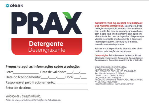 Etiqueta Prax Detergente Desengraxante